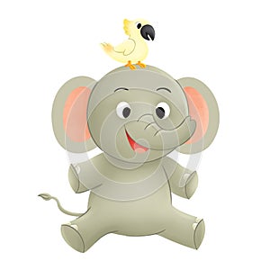 Happy Elephant and Parrot Cartoon and Cute Illustration