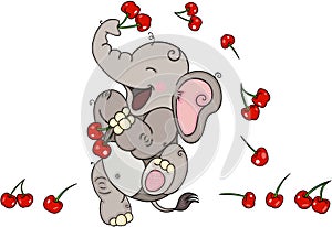 Happy elephant playing with cherries