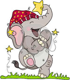 Happy elephant playing with star