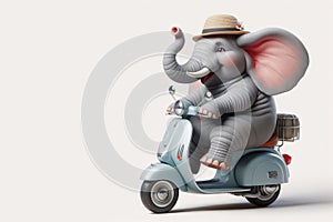 Happy elephant riding a scooter. Space for text.