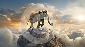 a happy elephant on top of mountains, success concept