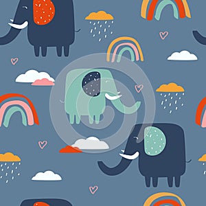 Happy elephants, clouds, rainbow, decorative cute background. Colorful seamless pattern with animals