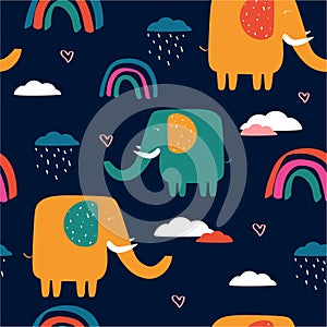 Happy elephants, clouds, rainbow, decorative cute background. Colorful seamless pattern with animals