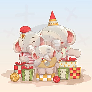 Happy elephants family celebrate christmas and new year. vector hand drawn cartoon art style