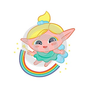 Happy elf fairy with wings conjured rainbow. Cute blond girl good sorceress in dress and with magic wand vector