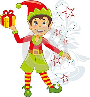 Happy elf with a gift isolated on white