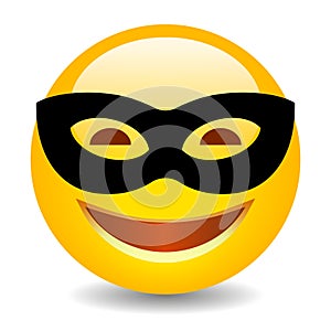 Happy emoji with black anonymous mask, vector cartoon photo