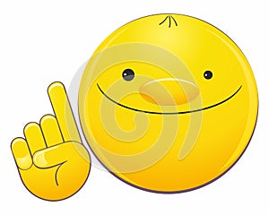 Happy emoji emoticon pointing with his finger. Emoticon face points with his finger. Indicative gesture. Cute smiling emoticon. Ve