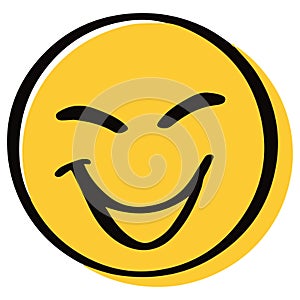 Happy emoticon. Hand drawn cartoon character. Laughing smiley face in yellow