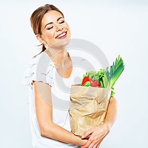 Happy emotional woman hold shopping grocery bag