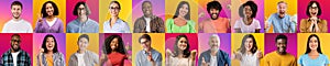 Happy Emotions. Set Of Cheerful Multiethnic People's Portraits Over Bright Gradient Backgrounds