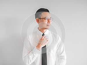 Happy employee businessman in office uniform.