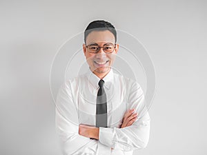 Happy employee businessman in office uniform.