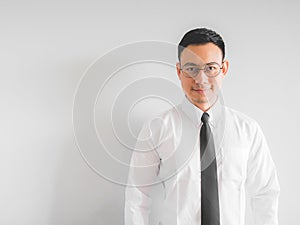 Happy employee businessman in office uniform.