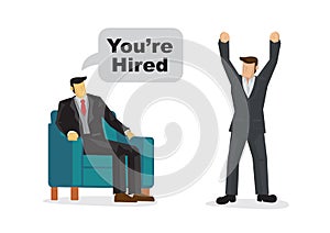 Happy employee with rise arm after hearing he has been hired by his new company. Concept of recruitment and job offering. Vector