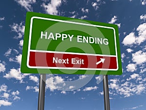 Happy ending traffic sign on blue sky