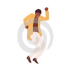 Happy energetic black-skinned man expressing joy by jumping and dancing. Winner celebrating success, achievement and