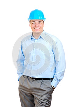 Happy engineer with blue hard hat