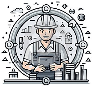 Happy Engineering or Construction Worker with Industry Tools and Building Symbols