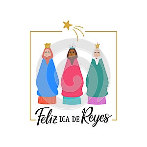 Happy Epiphany card. Happy Kings Day - in Spanish. Lettering. Ink illustration. Modern brush calligraphy