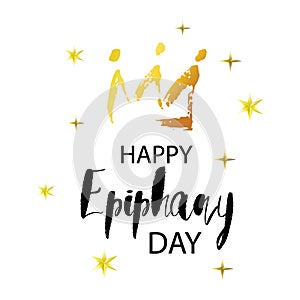 Happy Epiphany day greeting card with hand drawn golden crown and realistic stars.