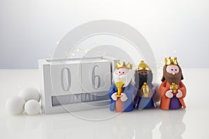 Happy Epiphany day, three kings day. Calendar with three kings on white background