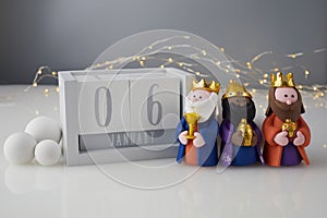 Happy Epiphany day, three kings day. Calendar with three kings on white background