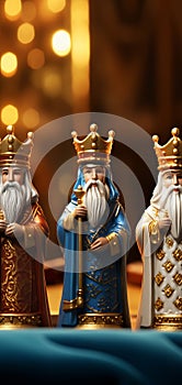 Happy Epiphany day. Three kings on golden bokeh background, vertical format