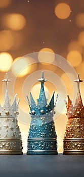 Happy Epiphany day. Three kings on golden bokeh background, vertical format