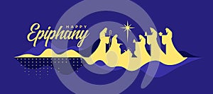 Happy Epiphany - gold nativity of Jesus scene and Three wise men on abstract moutain curve and bluish purple background vector