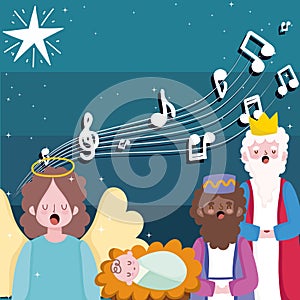Happy epiphany, three wise kings baby jesus and angel sing christmas carols