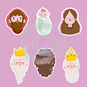 Happy epiphany, three wise kings mary jospeg and baby jesus faces stickers