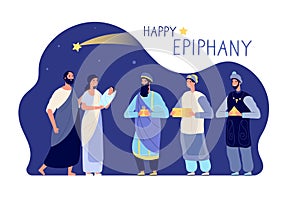 Happy epiphany. Three wise men, winter holiday christian festival banner. Holy family greetings kings magi with presents