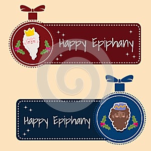 Happy epiphany, wise kings men in ball decoration banner