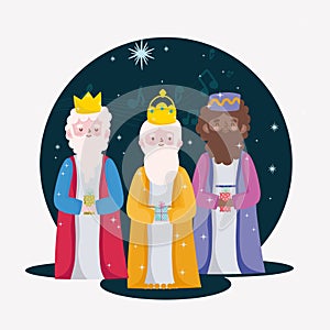 Happy epiphany, wise men with gift box for the birth of baby jesus