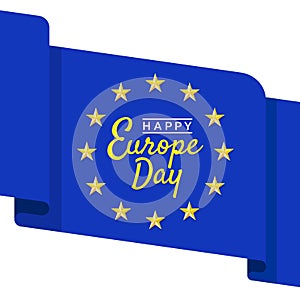 Happy europe day banner with blue flag wave and 12 gold star vector design