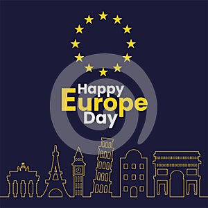 Happy Europe day template with european landmarks Vector