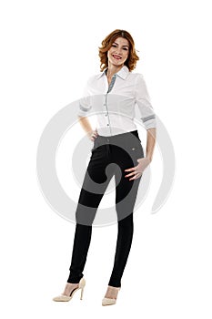 Happy european businesswoman full length