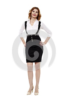 Happy european businesswoman full length