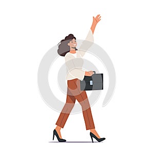 Happy Excited Female Character Waving Hand. Young Positive Woman In Formal Wear With Briefcase Greeting Gesture