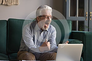 Happy excited old man reading good news looking at laptop