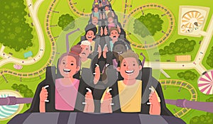 Happy and excited people ride a roller coaster. Amusement park with attractions. Vector illustration