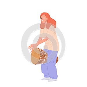 Happy excited teenager girl cartoon musician character playing djembe drum isolated on white