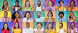 Happy Excitement. Diverse Positive People Expressing Different Emotions Over Colorful Backgrounds