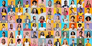 Happy Excitement. Portraits Of Joyful Multiethnic Men And Women On Colorful Backgrounds