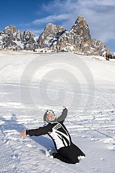 Happy Exciting Woman Snow Mountain