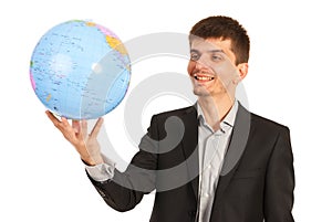 Happy executive man holding world globe