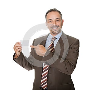 Happy executive showing a blank business card