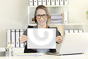 Happy executive showing a blank paper photo