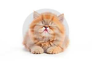 a happy Exotic Shorthair cat sleepy in front of a white background. Generative ai